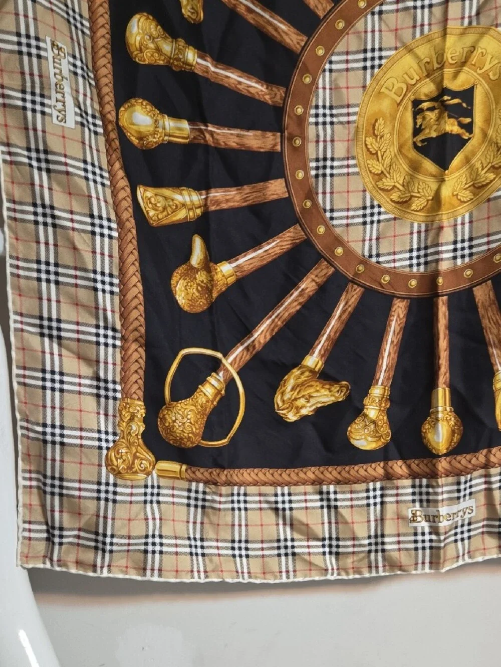 Burberry Black, Beige and Gold Heraldic Medallion Tapestry